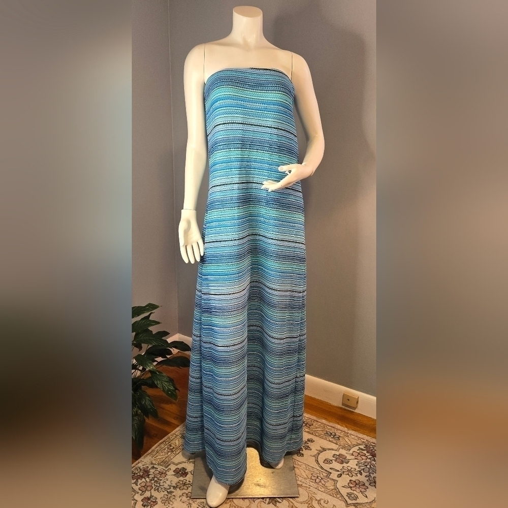 Sandiva Multi-Blue Striped Stretchy Bandeau Crochet Maxi Dress Coverup - Size L